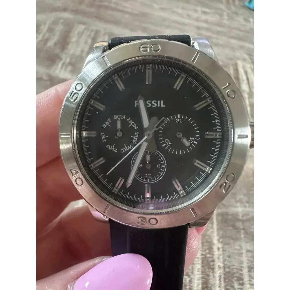 Fossil Watch BQ1471 Stainless Steel Chronograph New Battery Black Band